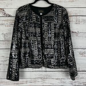Womens VTG Bob Mackie Wearable Art Black Silver Gold Sequin Evening Jacket 16
